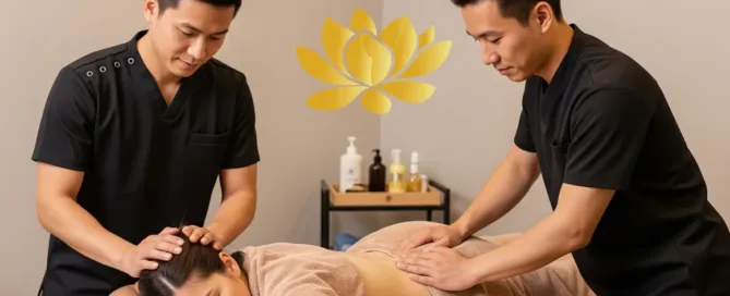 Two Male Therapists Massaging Female Client