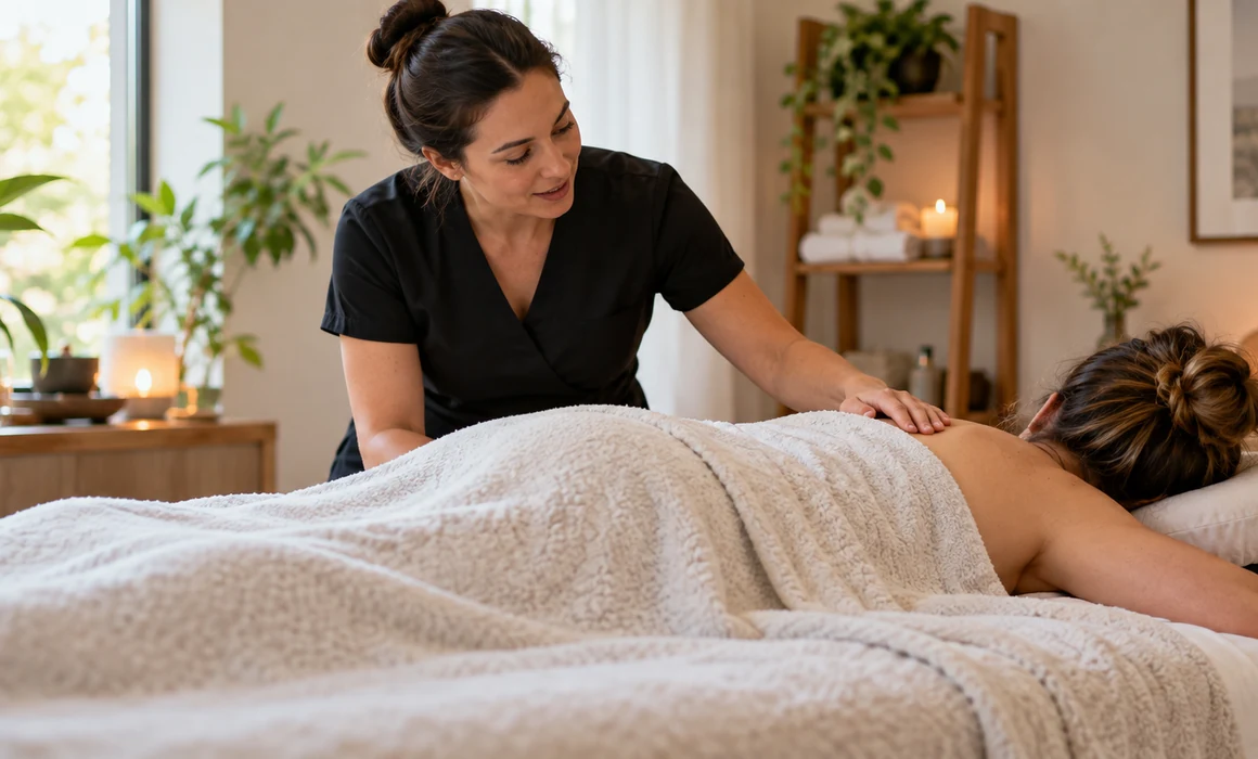 Massage therapist checks a client's comfort during a professionally draped session