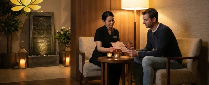 Female Massage therapist discussing massage services to a male client