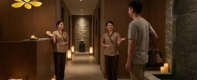 Two female massage therapists welcoming a male massage client