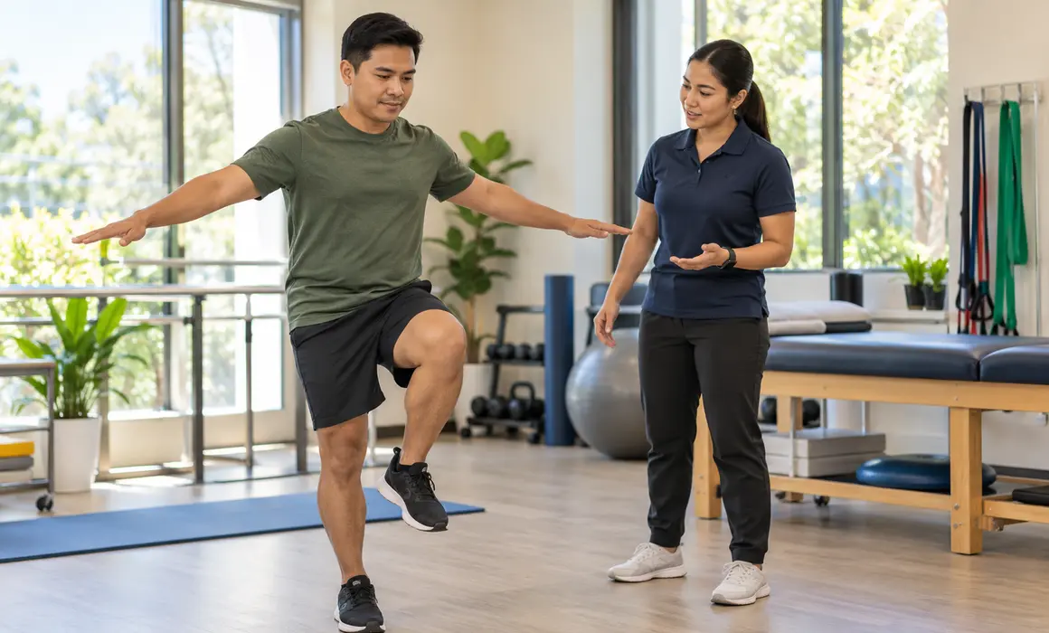 A client practicing a supported balance exercise with a physical therapist in a rehabilitation studio.