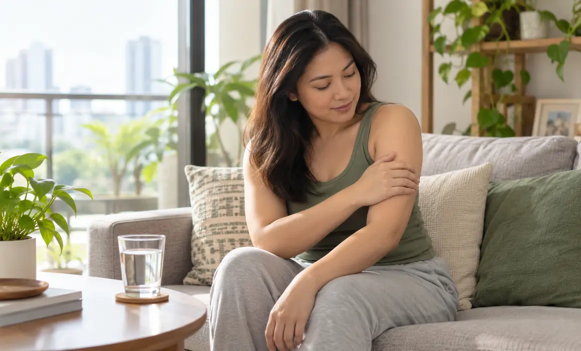 A person checking upper-arm comfort while seated at home the morning after a massage.