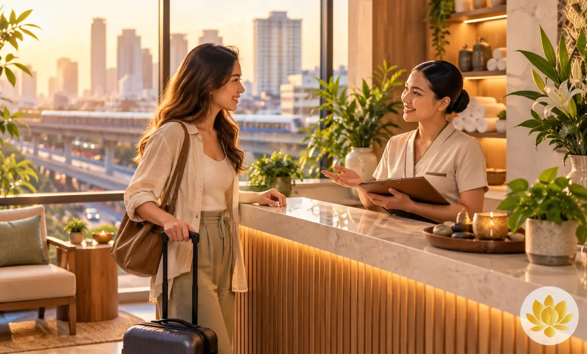 Traveler discussing a spa appointment near Cubao transit