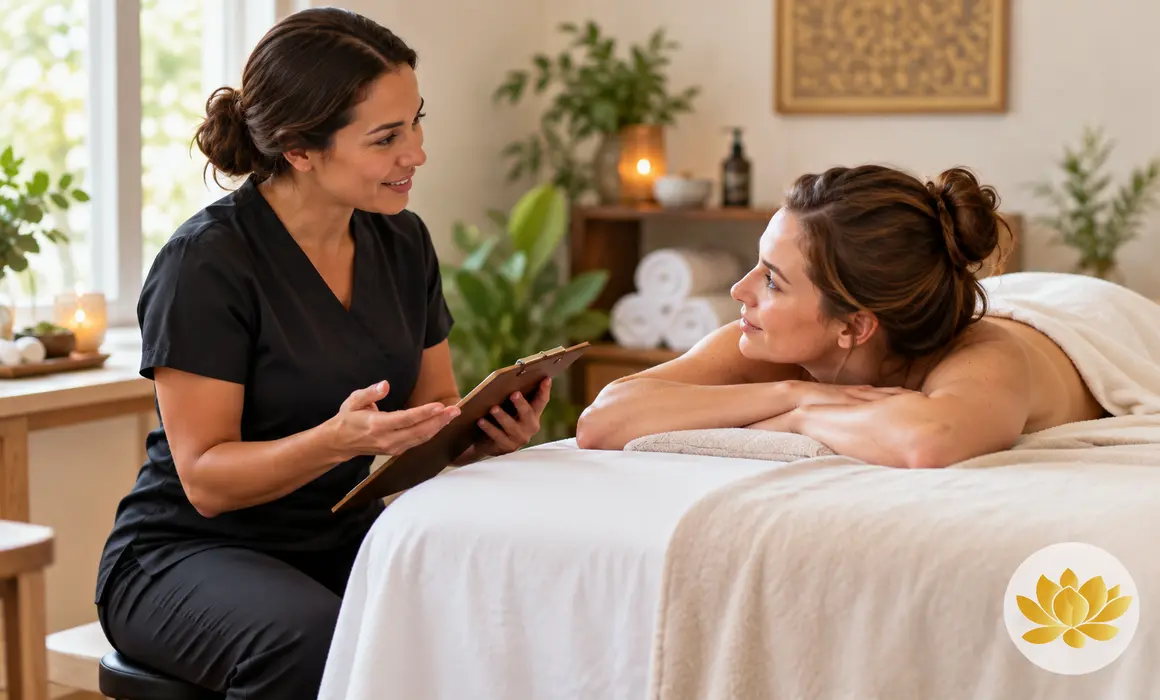 Therapist discussing full body massage preferences with a client