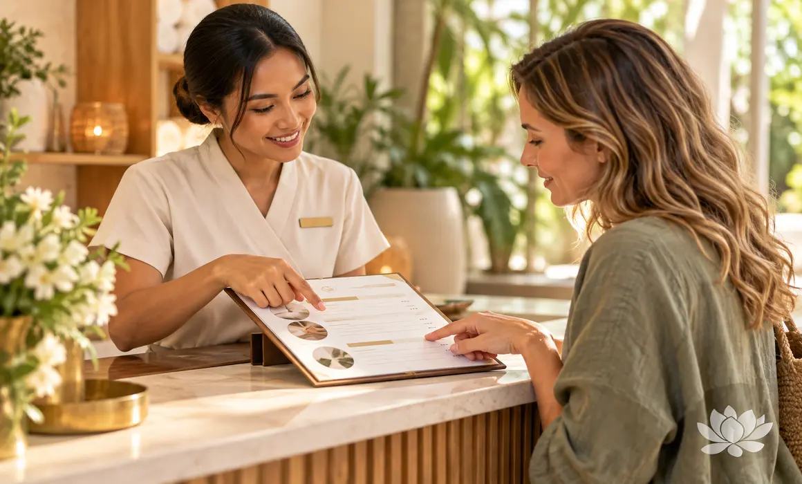 Client and receptionist reviewing an unbranded massage service quote
