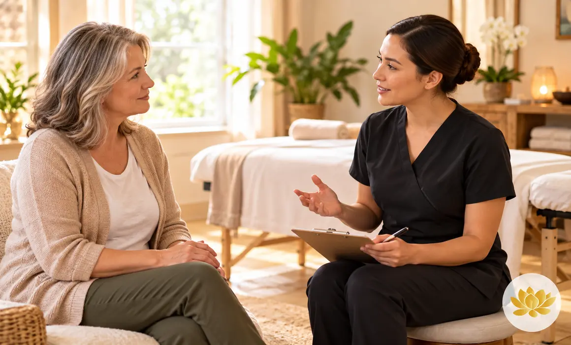 Client and massage therapist discussing comfort and boundaries